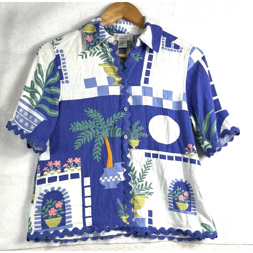 Calypso St Barth XS Linen Blend Ric Rac Trim Button Front Top Blue Print - Picture 2 of 10
